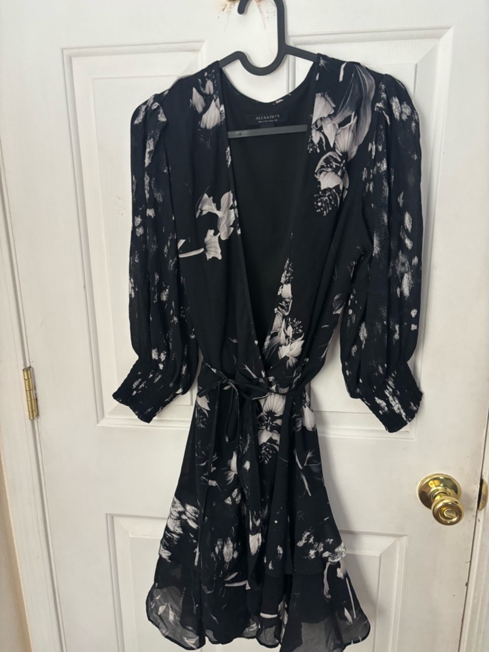 AllSaints Black and White Floral Faux Wrap Mini Dress - Picture 3 of 8